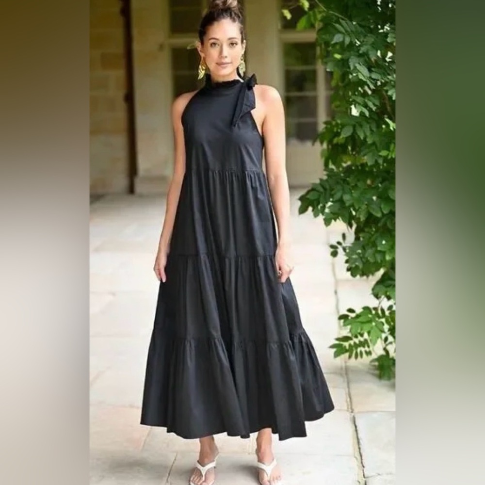 Wyatt Wylde Helena Maxi Dress Black Tiered High Neck Sleeveless - S